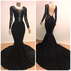 Unique Scoop Long Sleevess Backless Appliques Tulle Mermaid Prom Dresses