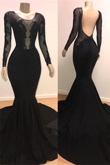 Unique Scoop Long Sleevess Backless Appliques Tulle Mermaid Prom Dresses