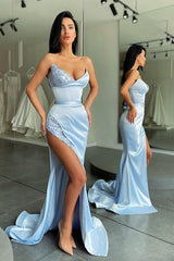 Unique Sky blue Stapless High-split sequined Prom Dress