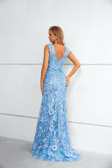 V-neck Appliques Lace Floor-length Sleeveless Open Back Mermaid Prom Dress