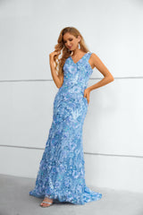 V-neck Appliques Lace Floor-length Sleeveless Open Back Mermaid Prom Dress