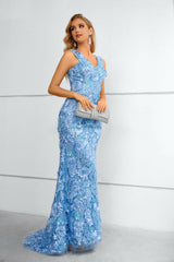 V-neck Appliques Lace Floor-length Sleeveless Open Back Mermaid Prom Dress