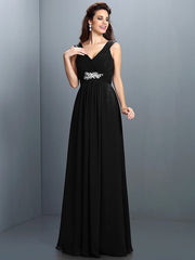 V-Neck Elegant Beading Pleats Sleeveless Long Chiffon Bridesmaid Dresses