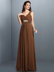 V-Neck Elegant Beading Pleats Sleeveless Long Chiffon Bridesmaid Dresses