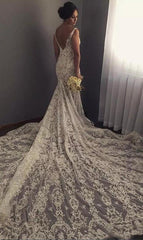 V neck Sleeveless Mermaid Wedding Dresses Modern Lace Appliques Bridal Gown