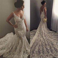 V neck Sleeveless Mermaid Wedding Dresses Modern Lace Appliques Bridal Gown