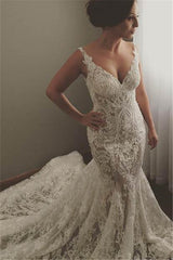 V neck Sleeveless Mermaid Wedding Dresses Modern Lace Appliques Bridal Gown
