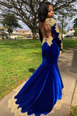 Velvet Long Sleeves Mermaid Front Split Gold Apliques Prom Party Gowns Royal Blue