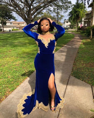 Velvet Long Sleeves Mermaid Front Split Gold Apliques Prom Party Gowns Royal Blue
