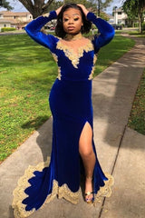 Velvet Long Sleeves Mermaid Front Split Gold Apliques Prom Party Gowns Royal Blue