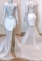 White Gorgeous Lace Long Sleevess Prom Dresses Sheer Tulle Slit Mermaid Evening Gowns