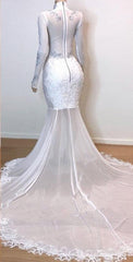 White Gorgeous Lace Long Sleevess Prom Dresses Sheer Tulle Slit Mermaid Evening Gowns