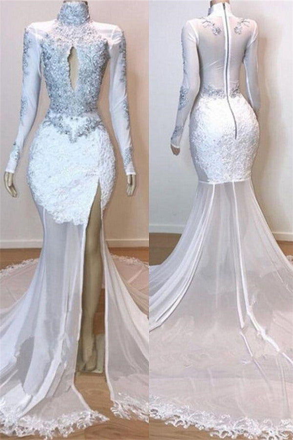 White Gorgeous Lace Long Sleevess Prom Dresses Sheer Tulle Slit Mermaid Evening Gowns