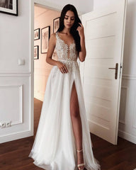 White Lace V neck Modern high split Sleeveless Summer Wedding Dress