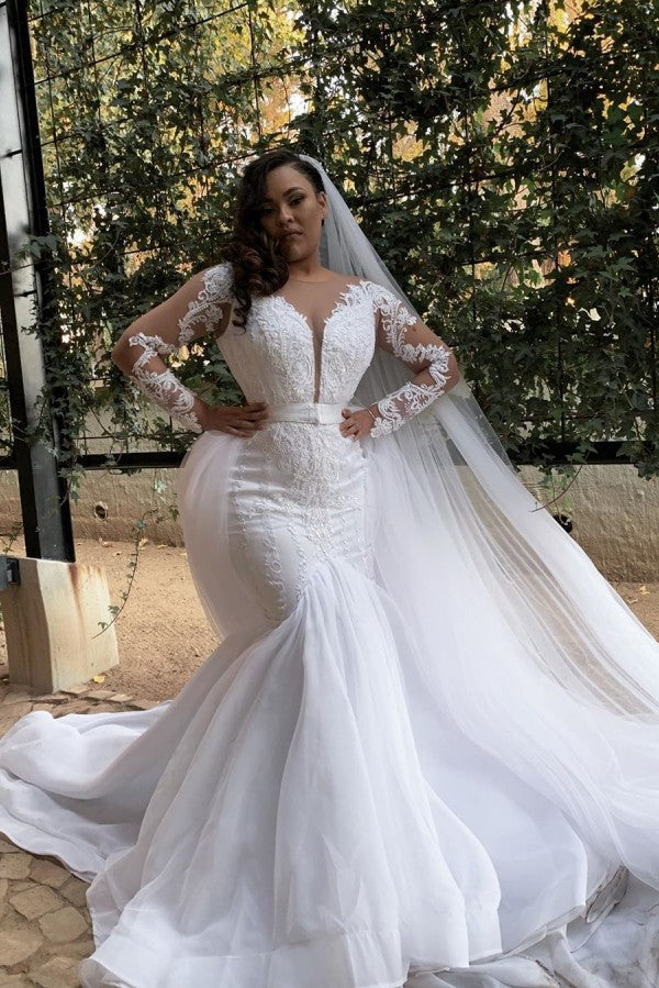 White Long Sleevess Plus size Mermaid Belt Wedding Dresses