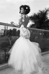 White Modern Mermaid Tulle Long Bridal Gown Long Sleeves Backless Floor Length Wedding Dress
