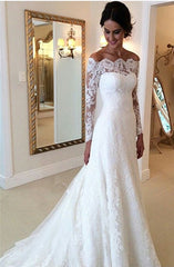 White Off the shoulder Lace Long Sleeves Bridal Gowns Sheath Simple Custom Made Wedding Dresses
