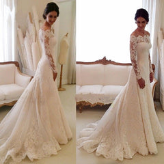 White Off the shoulder Lace Long Sleeves Bridal Gowns Sheath Simple Custom Made Wedding Dresses
