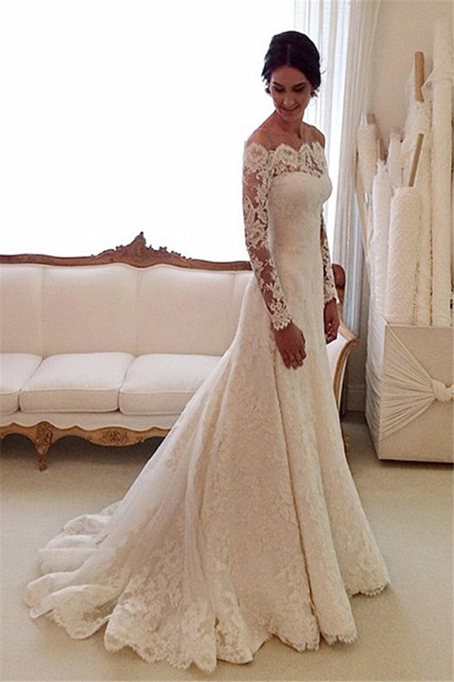 White Off the shoulder Lace Long Sleeves Bridal Gowns Sheath Simple Custom Made Wedding Dresses