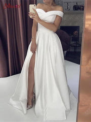 White Silky Off the shoulder High split Princess Wedding Dress
