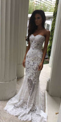 White Sweetheart Neck Sheer Lace Appliques Mermaid Wedding Dresses