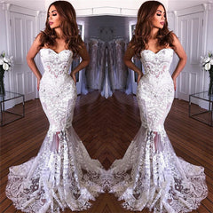 White Sweetheart Neck Sheer Lace Appliques Mermaid Wedding Dresses