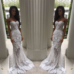 White Sweetheart Neck Sheer Lace Appliques Mermaid Wedding Dresses