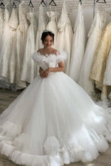 White/Ivory Off the Shoulder Puffy Tulle Lace Ball Gown Princess Bridal Gown