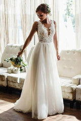 White/Ivory V Neck Lace Tulle Bridal Dress Aline Beach Wedding Dress