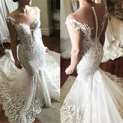 Wholesale Lace Fit and Flare Wedding Dress Glamorous Sheer Tulle Bridal Gowns with Buttons