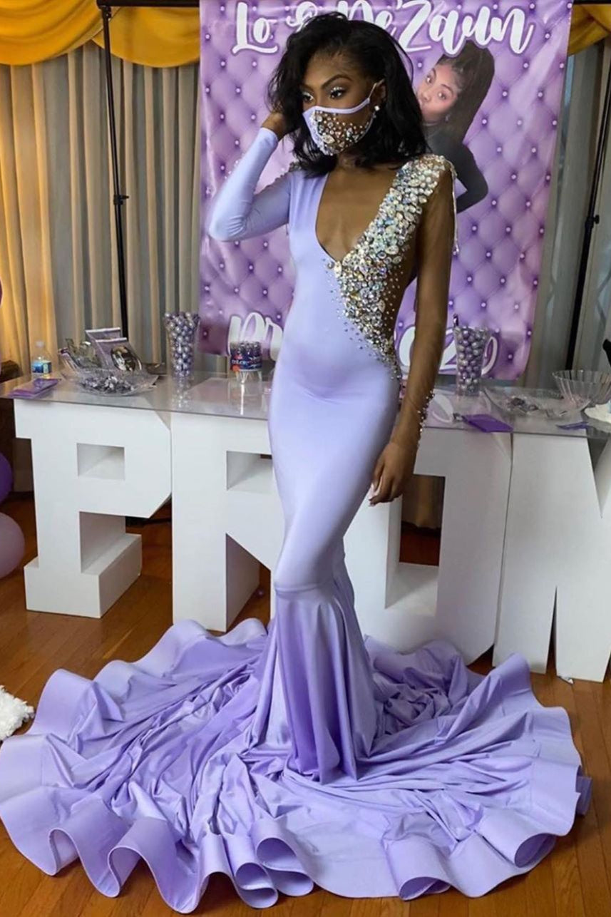 Wide Strap Purple Chiffon Mermaid Prom Dress Sequins Long With Long Sleeve On One Side