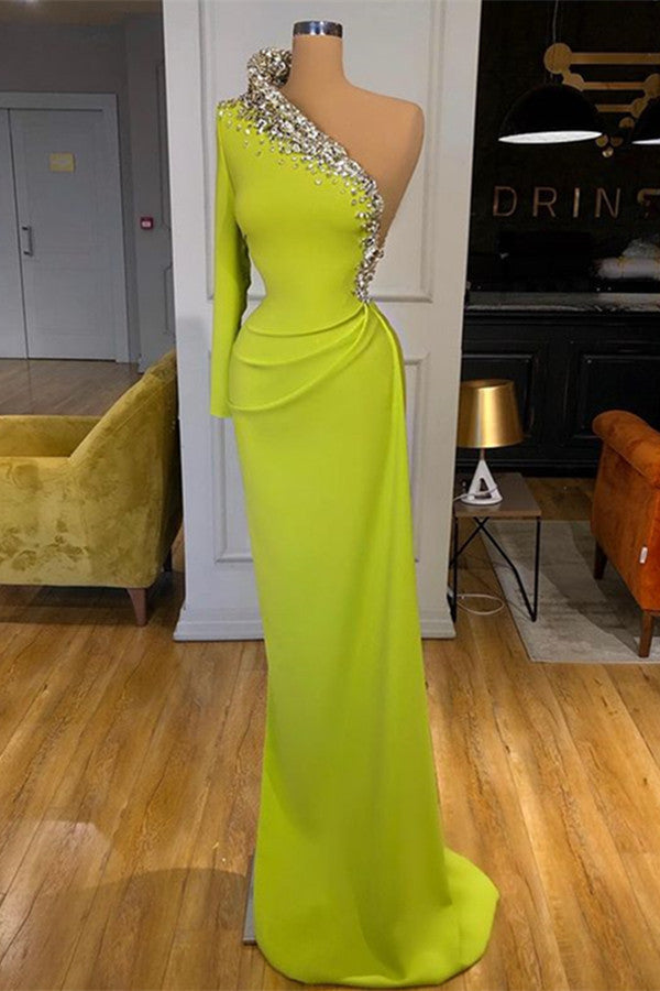 Yellow Green Long Sleeves One Shoulder Prom Dress Mermaid With Beads