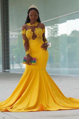 Yellow Long Sleeves Mermaid Prom Gowns Sweep Train Appliques