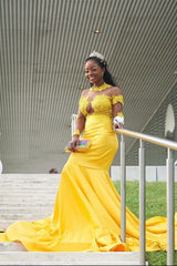 Yellow Long Sleeves Mermaid Prom Gowns Sweep Train Appliques