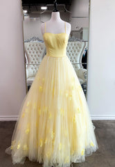 Yellow Spaghetti Strap Long Corset Prom Dresses, A-Line Evening Dresses outfit, Glam Dress