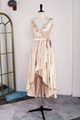 Champagne Ruffled Faux-Wrapped A-line Hi-Low Corset Bridesmaid Dress with Sash Gowns, Bridesmaid Dresses Photos Gallery