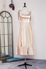 Champagne Bow Tie Straps A-line Satin Tea-Length Corset Bridesmaid Dress outfit, Bridesmaid Dress Dusty Rose