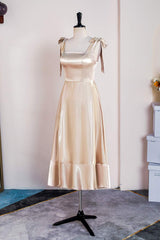 Champagne Bow Tie Straps A-line Satin Tea-Length Corset Bridesmaid Dress outfit, Mother Of The Bride Dress