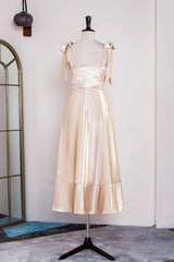 Champagne Bow Tie Straps A-line Satin Tea-Length Corset Bridesmaid Dress outfit, Boho Wedding