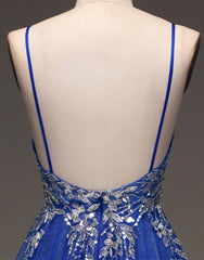 Royal Blue Spaghetti Straps Long Glitter A-Line Tulle Corset Prom Dress outfits, Prom Dress Style
