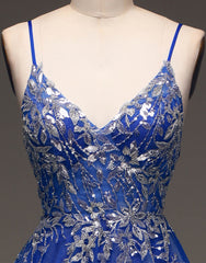 Royal Blue Spaghetti Straps Long Glitter A-Line Tulle Corset Prom Dress outfits, Prom Dress Styles