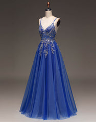 Royal Blue Spaghetti Straps Long Glitter A-Line Tulle Corset Prom Dress outfits, Prom Dresses For 043