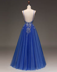 Royal Blue Spaghetti Straps Long Glitter A-Line Tulle Corset Prom Dress outfits, Prom Dresses Style
