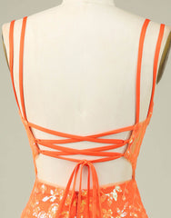 Orange Double Spaghetti Straps Glitter SequinTight Corset Homecoming Dress outfit, Homecoming Dresses Simples