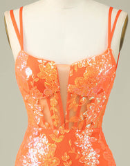 Orange Double Spaghetti Straps Glitter SequinTight Corset Homecoming Dress outfit, Homecoming Dresses 35 Year Old
