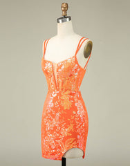 Orange Double Spaghetti Straps Glitter SequinTight Corset Homecoming Dress outfit, Homecoming Dresses Sweetheart