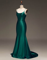 Simple Dark Green Spaghetti Straps Lace Up Long Tight Satin Corset Prom Dress outfits, Prom Dresse Long