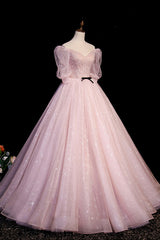 Pink V-Neck Tulle Long Corset Prom Dress, A-Line Short Sleeves Evening Dress outfit, Wedding Theme