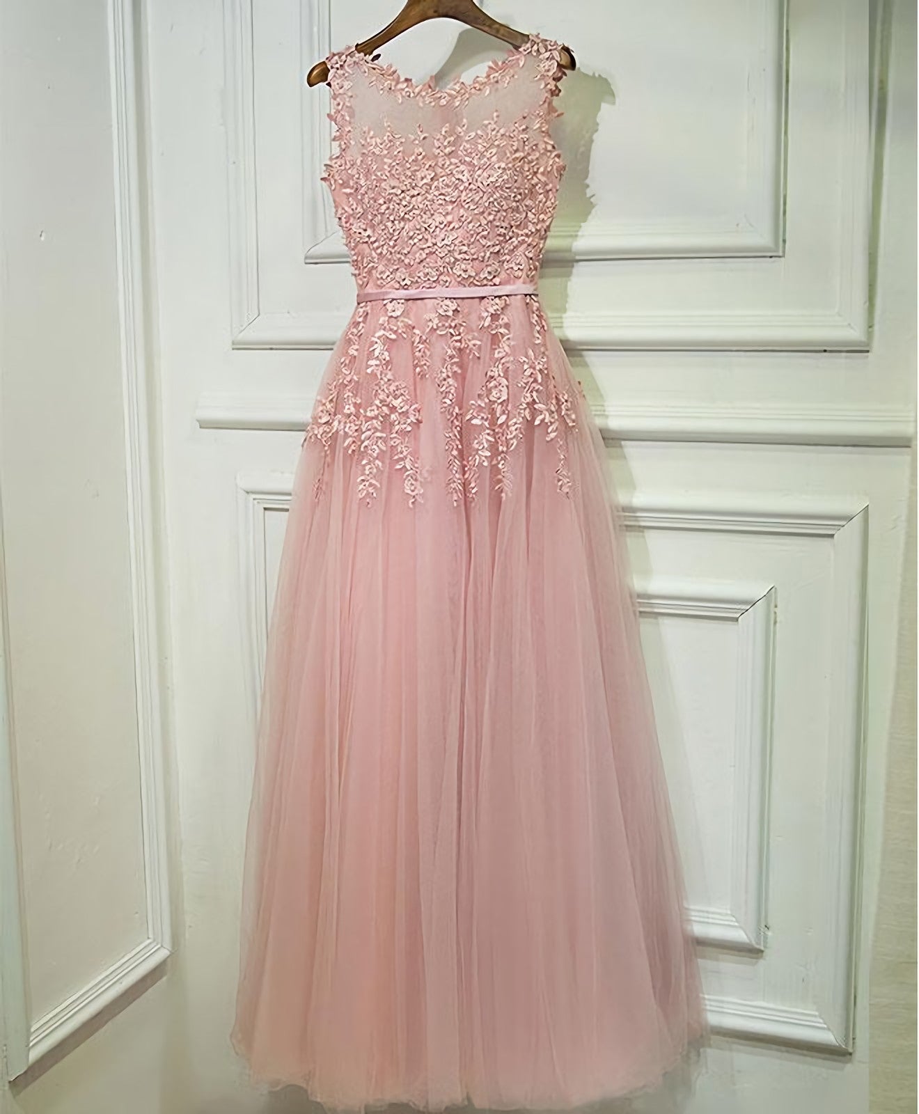 Pink Lace Tulle Long A Line Corset Prom Dress, Pink Evening Dress, 1 Gowns, Red Gown