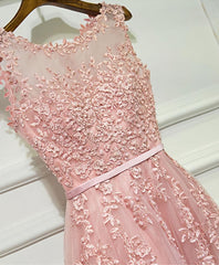 Pink Lace Tulle Long A Line Corset Prom Dress, Pink Evening Dress, 1 Gowns, Bridesmaid Gown